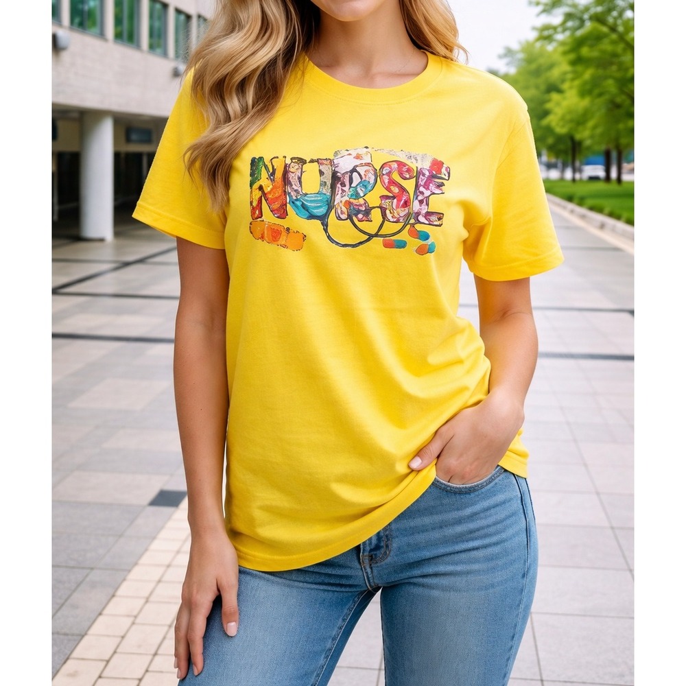 Tops Yellow Women Large T-shirt with Nurse Designs‎